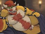  anthro arm_hair armband balls beard bed bedroom bodily_fluids body_hair bowser bowser_day bracelet chest_hair claws collar dripping erection facial_hair first_person_view flaccid furniture genital_fluids genitals hair head_on_hand hi_res horn jewelry koopa lying male mario_bros musclegut mustache nanoff nintendo on_side open_mouth penis precum precum_drip pubes red_hair scalie shell signature solo spiked_armband spiked_bracelet spiked_collar spiked_shell spikes spikes_(anatomy) teeth video_games 