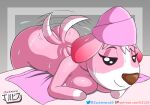  absurd_res animal_crossing anthro black_eyes breasts brown_nose butt canid canine canis cookie_(animal_crossing) digital_media_(artwork) domestic_dog female fur hi_res humanoid jackintaro mammal nintendo pink_body pink_fur simple_background smile solo towel towel_on_head video_games wet 
