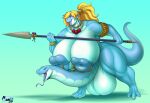  2021 2_heads anthro balls big_balls big_breasts blonde_hair blue_body breasts dragon genitals gynomorph hair hi_res holding_object holding_spear holding_weapon horn huge_balls huge_breasts hyper hyper_balls hyper_genitalia intersex meganemausu melee_weapon multi_head muscular muscular_gynomorph muscular_intersex nipple_mouth penis polearm reptile scalie simple_background smile snake snake_penis solo spear standing unusual_anatomy unusual_genitalia unusual_penis weapon 