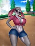  absurd_res anthro ashimaroo big_breasts breasts cleavage clothed clothing disney female hand_on_hip hi_res judy_hopps lagomorph leporid mammal outside plant rabbit solo text tree url wide_hips zootopia 