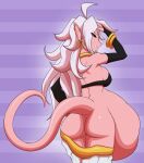  belly big_belly bracelet breasts butt clothing female female_pred hair hoop_earrings humanoid humanoid_pred jewelry long_hair looking_back majin_android_21 not_furry pink_body starcrossing vore white_hair 