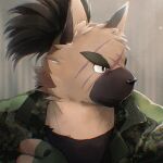  2021 army_uniform black_hair black_nose brown_body brown_fur canid canine canis clothing digital_drawing_(artwork) digital_media_(artwork) domestic_dog eyebrows fur hair hi_res jinnai looking_aside male mammal ponytail portrait scar slightly_chubby solo tokyo_afterschool_summoners video_games yasuyori 