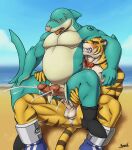  2_penises anal anthro bodily_fluids build_tiger cum duo felid fish genital_fluids genitals hi_res kraidhiel male male/male mammal marine multi_genitalia multi_penis muscular pantherine penis shark tiger 