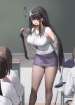  1girl black_eyes black_hair blush breasts brown_legwear classroom cleavage collarbone commentary_request hair_ornament hairclip hot jacket kaisen_chuui large_breasts long_hair multiple_girls open_mouth original pantyhose purple_eyes purple_jacket solo_focus standing sweat undressing 