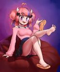  2020 5_toes absurd_res bottomwear breasts clothed clothing feet female flip_flops footwear hi_res horn horned_humanoid humanoid humanoid_feet ironmouse leqha not_furry open_mouth panties purple_eyes sandals sitting skirt soles solo spread_toes toes underwear vtuber 