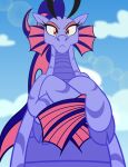  2021 absurd_res badumsquish crossed_arms ear_fins eyeshadow eyewear female fin glasses hasbro hi_res looking_at_viewer low-angle_view makeup my_little_pony pink_eyeshadow purple_body purple_scales red_eyes scales siren solo worm&#039;s-eye_view 