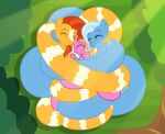  apode badumsquish blue_hair coiling cuddle_puddle cuddling draconcopode eyes_closed facial_hair female friendship_is_magic grass hair hi_res lamia legless luster_dawn_(mlp) male my_little_pony orange_hair outside plant reptile scalie serpentine snake split_form sunburst_(mlp) tree trixie_(mlp) 