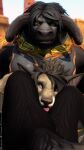  2021 3d_(artwork) 3dsmax 4k 9:16 absurd_res ambiguous_gender anthro armor black_body black_fur black_hair black_nose blizzard_entertainment blue_eyes blurred_background bovid bovine brown_body brown_fur canid clothed clothing destiney_crawford_(thatworgen) digital_media_(artwork) digitigrade duo ears_up face_squish female fur grin hair hi_res horn looking_down mammal smile squish tauren text thatworgen tongue tongue_out url video_games warcraft watermark were werecanid white_body white_fur worgen 