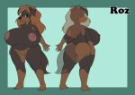  2021 anthro big_breasts breasts brown_body brown_hair butt canid canine canis domestic_dog female genitals hair halcy0n hi_res huge_breasts mammal mastiff model_sheet molosser navel nipples nude pussy rottweiler roz_(rosstherottie) short_stack simple_background smile solo standing 
