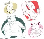  2018 ambiguous_gender anthro avian beverage blaziken cellphone clefable clock clothed clothing coffee curled_tail dialogue digital_media_(artwork) elekid english_text eyes_closed eyewear female frown glasses hair long_hair male mammal nails necktie nintendo open_mouth phone pok&eacute;mon pok&eacute;mon_(species) pok&eacute;morph ponytail shoutingisfun sitting smile snorlax speech_bubble striped_body stripes text toenails video_games watch wings 