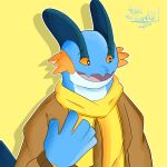  1:1 absurd_res adamthefool amphibian anthro clothing cute_face fan_character good_boy happy hi_res kipper_(adamthefool) male nintendo pok&eacute;mon pok&eacute;mon_(species) scarf shaded simple_background smile solo swampert video_games winter 