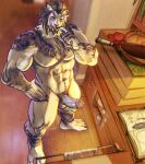  2021 abs anthro balls beard biceps blue_eyes braided_hair cabinet claws cookware erection facial_hair facial_scar fangs felid final_fantasy final_fantasy_xiv finger_claws food fruit frying_pan fur genitals grey_body grey_fur grey_hair hair hand_on_hip hi_res high-angle_view hrothgar inside khurtito kitchen_utensils male mammal multicolored_body multicolored_fur muscular muscular_anthro muscular_male nipples nude pecs penis plant pubes pumpkin quads scar sharp_teeth solo square_enix standing teeth toe_claws tomato tools triceps two_tone_body two_tone_fur vein veiny_penis video_games white_body white_fur wooden_floor 