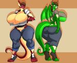  absurd_res anthro big_breasts big_butt breast_growth breasts brown_hair butt butt_expansion cleavage cleavage_overflow clothed clothing curvy_figure digitigrade dragon duo expansion eyewear female gender_transformation glasses green_body green_scales growth hair hi_res holding_breast holding_butt horn huge_breasts human jaeh mammal mtf_transformation red_body red_scales scales smile thick_thighs torn_clothing torn_shoes transformation transformation_sequence unbuttoned_pants under_boob wide_hips wing_growth wings 