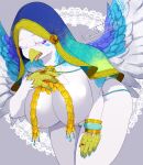  anthro avian beak bird breasts feathered_wings feathers female hood kimichika solo wings 