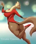  2021 animalympics anthro bouncing_breasts breasts brown_body brown_fur butt cleavage clothed clothing female footwear fur gulonine hi_res leotard looking_at_viewer mammal marten melonleaf mustelid musteline nipple_outline open_mouth red_clothing red_footwear shoes smile solo tatiana_tuschenko 