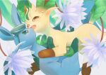 brown_eyes commentary_request crying eye_contact fangs flower from_side gen_4_pokemon glaceon green_eyes kikuyoshi_(tracco) leafeon looking_at_another no_humans open_mouth paws pokemon pokemon_(creature) purple_flower tears toes tongue water_drop 