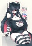  2021 ahoge anthro armwear big_breasts black_hair breasts cleavage clothed clothing coffee_cup cup dialogue digital_media_(artwork) domestic_cat english_text felid feline felis female goth hair hair_over_eye hello_kitty_(character) hello_kitty_(series) hi_res holding_cup holding_object huge_breasts legwear long_hair looking_at_viewer mammal multicolored_hair multicolored_tail nikki_(saucy) nipple_outline one_eye_obstructed open_mouth pattern_armwear pattern_clothing pattern_legwear profanity sanrio secretly_saucy signature solo squish striped_armwear striped_clothing striped_legwear stripes sweater talking_to_viewer text thick_thighs thigh_squish topwear two_tone_hair url 