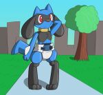  ambiguous_gender anthro canid canine city diaper hi_res mammal nintendo outside padded padding park pok&eacute;mon pok&eacute;mon_(species) riolu ritzcat solo video_games 