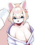  2019 anthro asian_clothing black_nose blue_eyes breasts canid canine cleavage clothed clothing east_asian_clothing female fox hair hi_res high-angle_view japanese_clothing kemono looking_at_viewer mammal miko_outfit short_hair simple_background smile solo wanko0487 white_background 