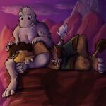  1:1 1_eye agent_york anthro bandage chupa chupadore cliff crossroadspony detailed_background duo friends furgonomics furry-specific_piercing halo hand_on_shoulder head_on_lap hi_res male male/male mountain muscular muscular_male on_lap piercing raemyshu samael_wurlitz shirtless sunset tattoo 