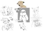  2017 anthro beverage bodily_fluids bonnie_hopps canid canine cigarette dialogue digital_media_(artwork) disney drinking english_text female fox greyscale hi_res humor implied_incest judy_hopps lagomorph leporid male mammal mature_anthro mature_female monochrome mrs._wilde multiple_images nick_wilde rabbit seductive shoutingisfun simple_background smoking sweat sweatdrop tea text white_background zootopia 