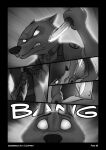  2021 anthro biped black_border border bulletproof_vest canid canine canis cheek_tuft chest_tuft clothed clothing comic disney duo english_text facial_tuft fight fox foxxj gloves_(marking) greyscale head_tuft hi_res holding_object holding_weapon knife male mammal markings monochrome motion_lines nick_wilde nude shirt sound_effects t-shirt text topwear tuft weapon white_eyes wolf zootopia 