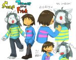  anthro bodily_fluids canid canine clothed clothing felid feline hair human mammal open_mouth protagonist_(undertale) simple_background sweat tem temmie_(undertale) text topwear undertale video_games white_body 
