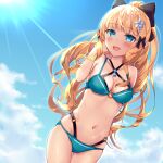  1girl :d bangs bare_shoulders bikini blonde_hair blue_bikini blue_eyes blue_sky blunt_bangs bow breasts cleavage cloud cloudy_sky collarbone commentary_request eyebrows_visible_through_hair flower hair_bow hair_flower hair_ornament hair_ribbon long_hair looking_at_viewer midriff navel open_mouth princess_connect! ribbon saren_(princess_connect!) sidelocks sky smile solo sunlight swimsuit tamariyazuna 