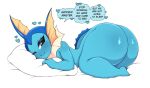  &lt;3 2021 big_butt black_eyes blue_body blush blush_lines butt dialogue eeveelution english_text fangs female hi_res huge_butt inviting looking_at_viewer lying naughty_face nintendo nude on_front one_eye_closed pillow pok&eacute;mon pok&eacute;mon_(species) saltyxodium seductive short_stack side_view simple_background smile solo speech_bubble text thick_thighs vaporeon video_games white_background wink 