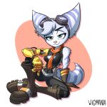  1:1 anthro blue_body blue_eyes blue_fur clothed clothing ear_piercing eyewear female fur gloves goggles grin half-closed_eyes handwear head_tuft hi_res lombax looking_at_viewer mammal narrowed_eyes piercing pink_nose prosthetic prosthetic_arm prosthetic_limb ratchet_and_clank rivet_(ratchet_and_clank) scarf smile solo sony_corporation sony_interactive_entertainment stripes tuft video_games wigmania 