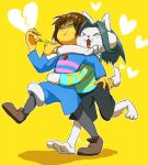  anthro canid canine clothed clothing felid feline fur hair hug human mammal open_mouth protagonist_(undertale) simple_background tem temmie_(undertale) topwear undertale video_games white_body white_fur 