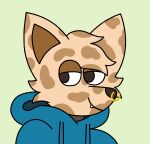  anthro blue_clothing blue_hoodie blue_topwear brown_body brown_eyes brown_fur canid canine canis clothed clothing coyote facial_piercing fur headshot headshot_portrait hoodie male mammal nose_piercing oatty piercing portrait septum_piercing simple_background solo toony topwear 