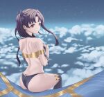  absurdres ass bangs bikini black_hair cloud earrings fate/grand_order fate_(series) floating from_behind gold_trim highres hoop_earrings ishtar_(fate) ishtar_(fate)_(all) jewelry long_hair looking_at_viewer looking_back mismatched_bikini neck_ring red_eyes rita_(arumhh) sitting sky star_(sky) starry_sky swimsuit thighhighs twintails two_side_up 