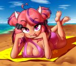  2020 5_toes barefoot beach bikini breasts cleavage clothed clothing cloud eyelashes feet female hi_res horn horned_humanoid humanoid humanoid_feet ironmouse leqha looking_at_viewer lying not_furry on_front purple_eyes sea seaside sky smile soles solo swimwear tan_body tan_skin toes tongue tongue_out towel vtuber water 