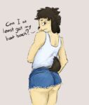  anthro bevvy_fischer blush bottomwear brown_hair butt canid canine canis clothing digital_media_(artwork) domestic_dog fur hair hotpants male mammal parappa parappa_the_rapper rear_view shirt shorts shy solo sony_corporation sony_interactive_entertainment tan_body tan_fur tank_top topwear video_games 