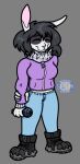  anthro clothing female friday_night_funkin&#039; grabbing_arm hi_res jessy_walkers lagomorph leporid mammal microphone rabbit smile solo spoodley_noodle sweater topwear 