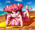  2020 5_toes barefoot beach bikini breasts cleavage clothed clothing cloud eyelashes feet female hi_res horn horned_humanoid humanoid humanoid_feet ironmouse leqha looking_at_viewer lying not_furry on_front purple_eyes sea seaside sky smile soles solo swimwear toes tongue tongue_out towel vtuber water 