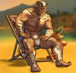  2021 abs animal_print anthro banana beach beard biceps blonde_hair braided_hair brown_body brown_eyes brown_fur bulge chair claws clothed clothing facial_hair felid final_fantasy final_fantasy_xiv finger_claws food fruit fur furniture grape hair hi_res hrothgar khurtito leopard_print male mammal multicolored_body multicolored_fur muscular muscular_anthro muscular_male nipples outside pecs pineapple plant pubes quads sand seaside sitting skimpy solo speedo square_enix swimwear tan_body tan_fur toe_claws triceps two_tone_body two_tone_fur veiny_muscles video_games water 