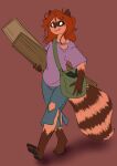  2021 anthro barefoot black_nose bottomwear brown_body brown_fur canid canine clothing feet female fur halcy0n hi_res holding_wood looking_up mammal pants pawpads raccoon_dog shirt simple_background smile solo tanuki topwear walking 