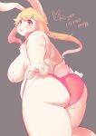  2021 4_fingers absurd_res anthro areola big_breasts blep blonde_hair blush breasts butt clothed clothing clothing_pull curvy_figure female fingers fur hair hi_res japanese_text kemono lagomorph leporid long_hair looking_at_viewer looking_back mammal panties pink_eyes rabbit side_boob signature slightly_chubby solo text thick_thighs tongue tongue_out topless ukenya underwear underwear_pull voluptuous white_body white_fur 