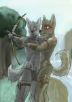  anthro arrow athletic bulge_frottage canid canine canis domestic_dog duo feral hi_res knife male male/male mammal orientation_play straight_to_gay teaching training tribal weapon wolfyalex96_(artist) wood 