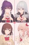  4girls absurdres akiyama_mizuki asahina_mafuyu bangs beige_cardigan black_jacket blue_eyes blue_hair bob_cut bow bowtie braid brown_eyes brown_hair cardigan diagonal-striped_bow grey_hoodie grey_shirt hair_bow heart heart_hands high_ponytail highres hood hoodie jacket long_hair long_sleeves multiple_girls neckerchief pink_background pink_eyes pink_hair project_sekai purple_eyes purple_hair red_bow red_neckwear sailor_collar shinonome_ena shirt short_hair side_ponytail sidelocks tokkyu very_long_hair white_sailor_collar white_shirt yoisaki_kanade 