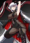  1girl :d absurdly_long_hair aegir_(azur_lane) arm_up armored_boots armpits azur_lane bangs banner black_background black_cape black_footwear black_gloves black_legwear black_panties bodystocking boots breast_curtains breasts cameltoe cape chain commentary covered_navel cross cross-laced_clothes cross_earrings demon_horns earrings english_commentary eyebrows_visible_through_hair glint gloves hair_between_eyes hand_up highres horns iron_cross jewelry knee_boots large_breasts leg_up light_particles long_hair looking_at_viewer multicolored_hair open_mouth panties patreon_username red_cape red_hair sidelocks single_knee_boot sleeveless smile solo standing standing_on_one_leg streaked_hair striped thighhighs torahime_(roland00) underwear vertical_stripes very_long_hair watermark web_address white_hair yellow_eyes 