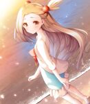  1girl beach blue_dress blush bow brown_eyes brown_footwear brown_hair closed_mouth dress forehead frilled_dress frills jacket jasmine_(pokemon) long_hair looking_at_viewer looking_back murano pokemon pokemon_(game) pokemon_hgss red_bow sand sandals smile solo sunset very_long_hair walking water white_jacket 