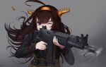  1girl absurdres ahoge alternate_costume assault_rifle black_shirt brown_hair commission double_bun fn_fnc gun hairband headgear highres holding holding_gun holding_weapon hyo kantai_collection kongou_(kancolle) long_hair long_sleeves one_eye_closed purple_eyes remodel_(kantai_collection) rifle shirt solo upper_body weapon 