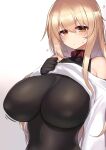  1girl belt_collar blonde_hair bodysuit bodysuit_under_clothes breasts collar commentary_request covered_nipples eyebrows_visible_through_hair highres huge_breasts kubiwa_(kutan) kutan looking_at_viewer original red_collar solo upper_body yellow_eyes 
