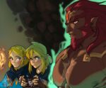  1girl 2boys aura blonde_hair dark-skinned_male dark_skin facial_hair fire from_side ganondorf hands_up holding kukumomo large_pectorals link long_hair looking_at_another male_focus meme multiple_boys muscular muscular_male nipples pectoral_envy_(meme) pectoral_focus pectorals pointy_ears princess_zelda red_hair sheikah_slate short_hair the_legend_of_zelda the_legend_of_zelda:_breath_of_the_wild the_legend_of_zelda:_breath_of_the_wild_2 upper_body 