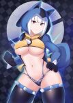  1girl breasts cleavage commission cosplay eyebrows_visible_through_hair gen_4_pokemon gloves highres hood hood_up hoodie large_breasts lucario lucario_(cosplay) navel original paw_gloves paws pokemon red_eyes skindentation solo spiked_legwear thighhighs underboob white_hair xiaodi 