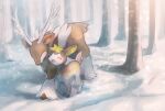  :d closed_eyes commentary_request day deerling deerling_(winter) evolutionary_line gen_5_pokemon kikuyoshi_(tracco) no_humans open_mouth outdoors pokemon pokemon_(creature) sawsbuck sawsbuck_(winter) smile snow snowing tongue tree 