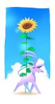  border closed_mouth cloud commentary_request day espeon flower from_side gen_2_pokemon highres kikuyoshi_(tracco) looking_up no_humans outdoors pokemon pokemon_(creature) purple_eyes sky solo standing sunflower white_border 